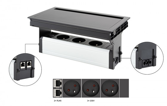 VersaFlap Mono 2.0, 3x 230V, 2x RJ45, fekete matt VersaFlap Mono 2.0, 3x 230V, 2x RJ45, fekete matt