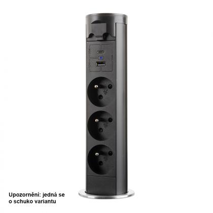 StrongPower elektromos kihúzható aljzat 3x 230V Schuco, USB A+C, fekete