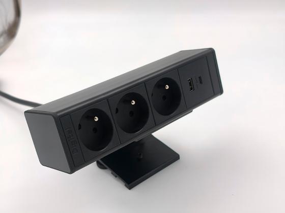 StrongPower elektromos dugaljzat DeskUp, 3x francia, USB, fekete