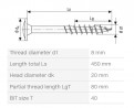 SPAX csavar 8x450/80 tányér fej TXS, W, 4C