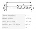 SPAX csavar 6x120/68 tányérfejű TXS, W, 4C,részleges menettel