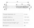 SPAX csavar 6x140/68 tányérfejű TXS, W, 4C,részleges menettel
