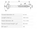 SPAX csavar 8x450/80 besülyeszthető fej TXS,W,4C MH, részleges menet