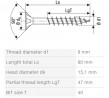 SPAX csavar 8x80/47 besülyeszthető fej TXS,W,4C MH, részleges menet